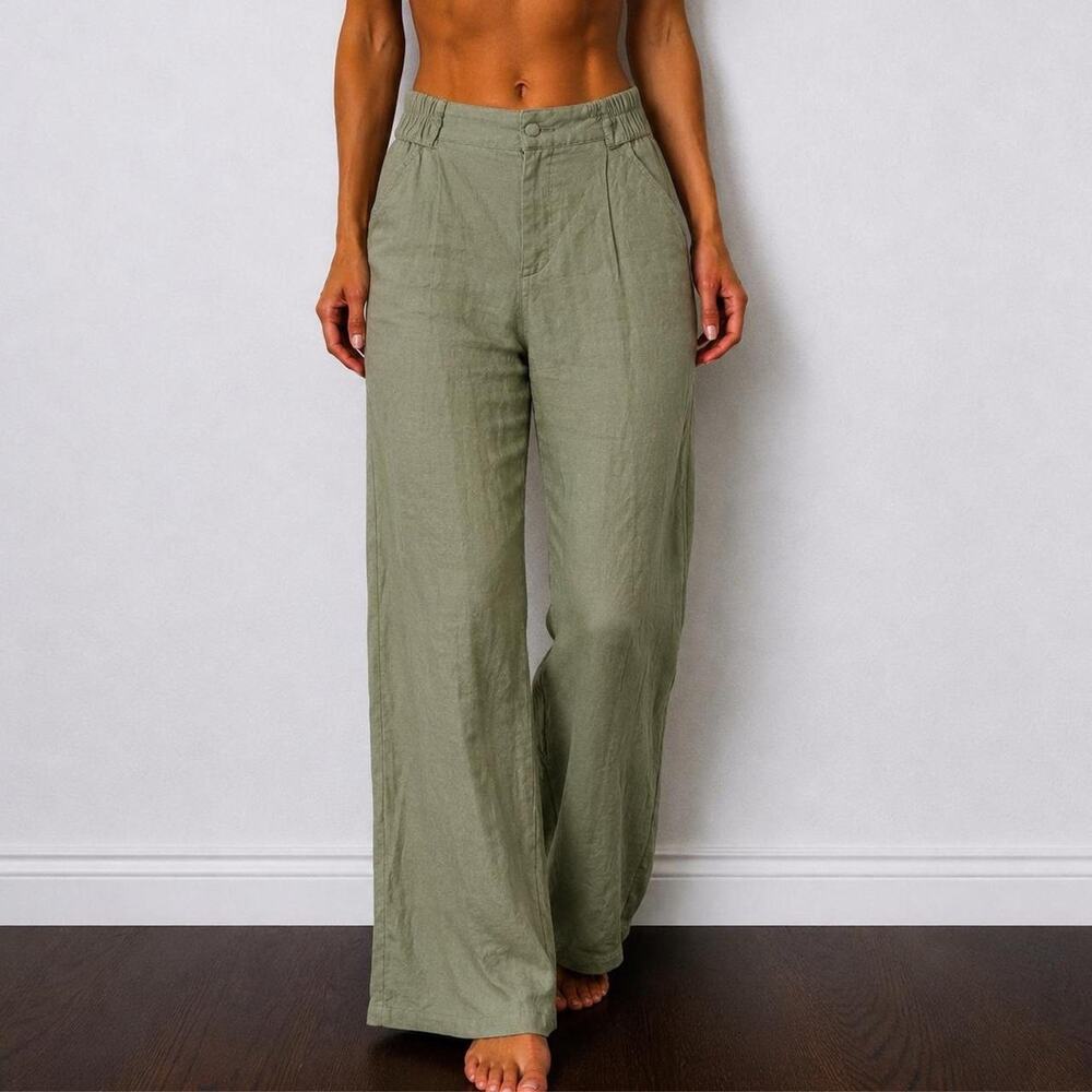 Vintage Sage Green Linen Flax High Rise Wide Leg Pants Coastal Minimalist Size S